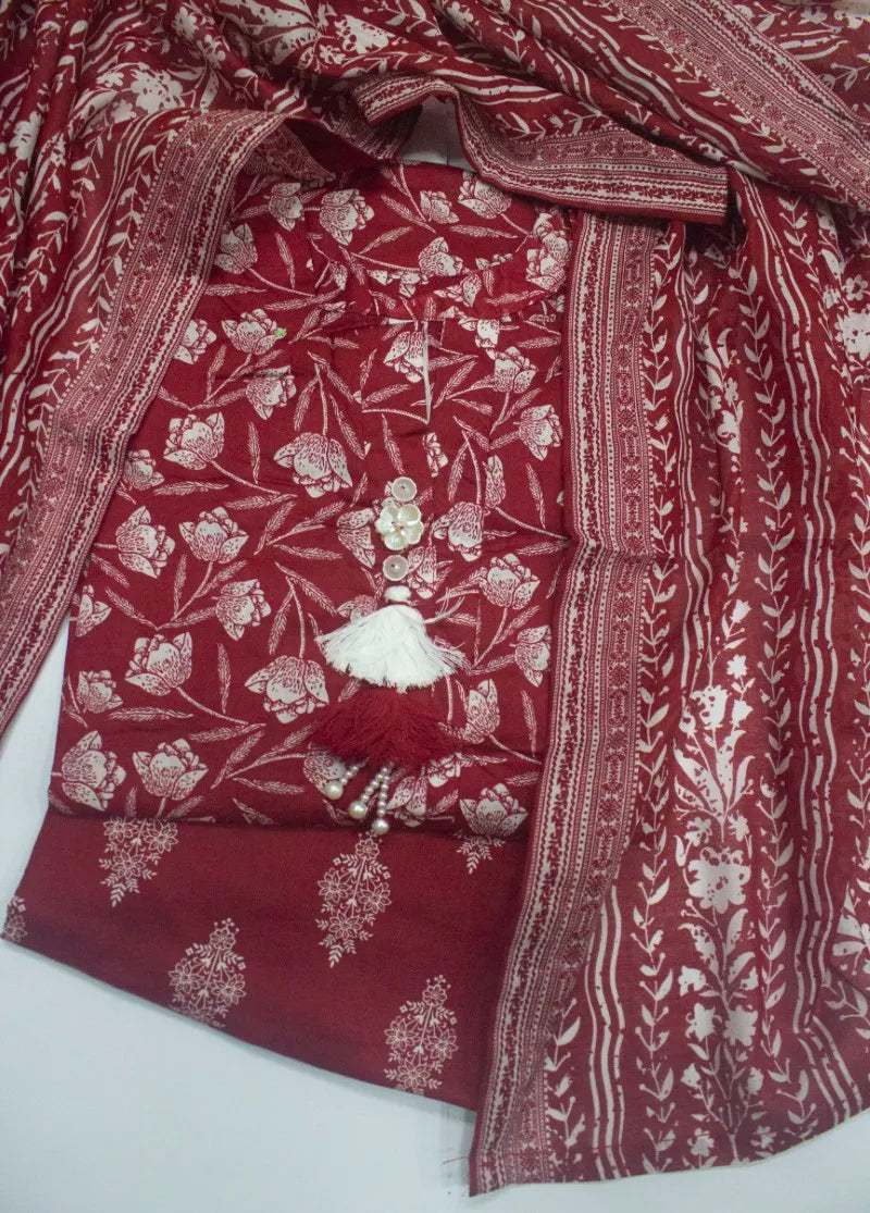 3 Piece Printed Stitched Red Color Lawn Shirt with Trouser & Dupatta