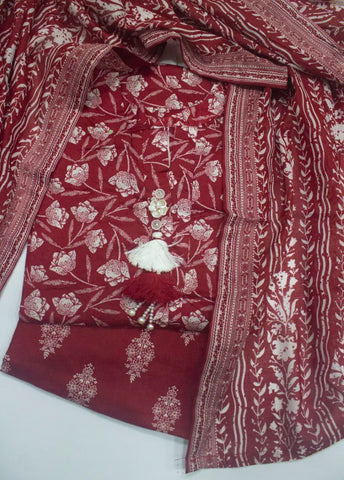 3 Piece Printed Stitched Red Color Lawn Shirt with Trouser & Dupatta