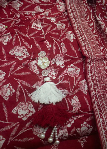 3 Piece Printed Stitched Red Color Lawn Shirt with Trouser & Dupatta