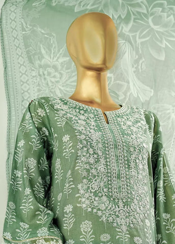 3 Piece Embroidred Stitched Mint Green Color Cotton Suit with Trouser & Dupatta