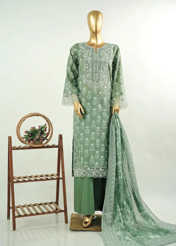 3 Piece Embroidred Stitched Mint Green Color Cotton Suit with Trouser & Dupatta