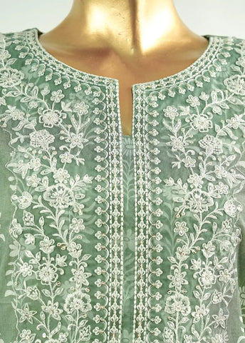 3 Piece Embroidred Stitched Mint Green Color Cotton Suit with Trouser & Dupatta