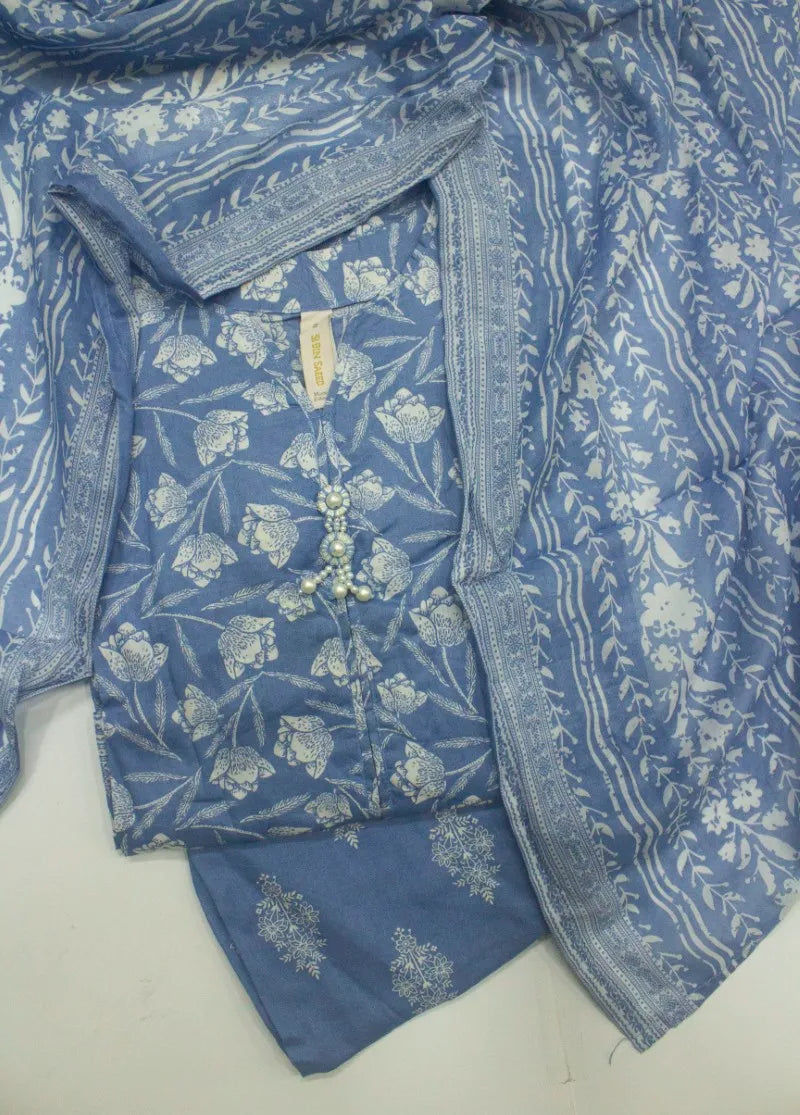 3 Piece Printed Stitched Blue Color Lawn Shirt with Trouser & Dupatta