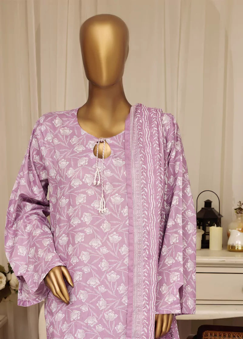 3 Piece Printed Stitched Lilac Color Lawn Shirt with Farshi Shalwar & Dupatta