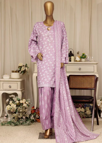 3 Piece Printed Stitched Lilac Color Lawn Shirt with Farshi Shalwar & Dupatta