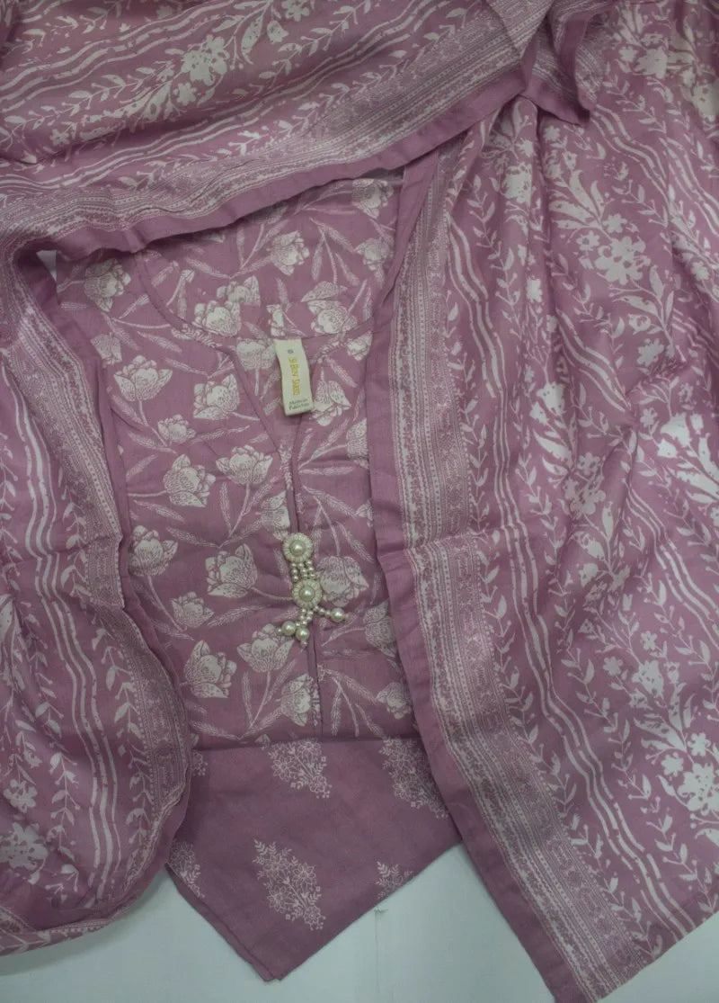 3 Piece Printed Stitched Lilac Color Lawn Shirt with Trouser & Dupatta