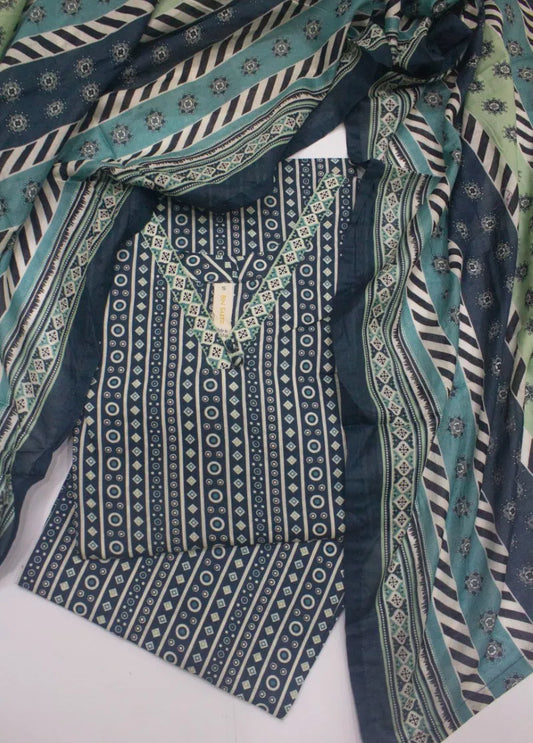 3 Piece Printed Stitched Blue & White Color Lawn Shirt with Trouser & Dupatta