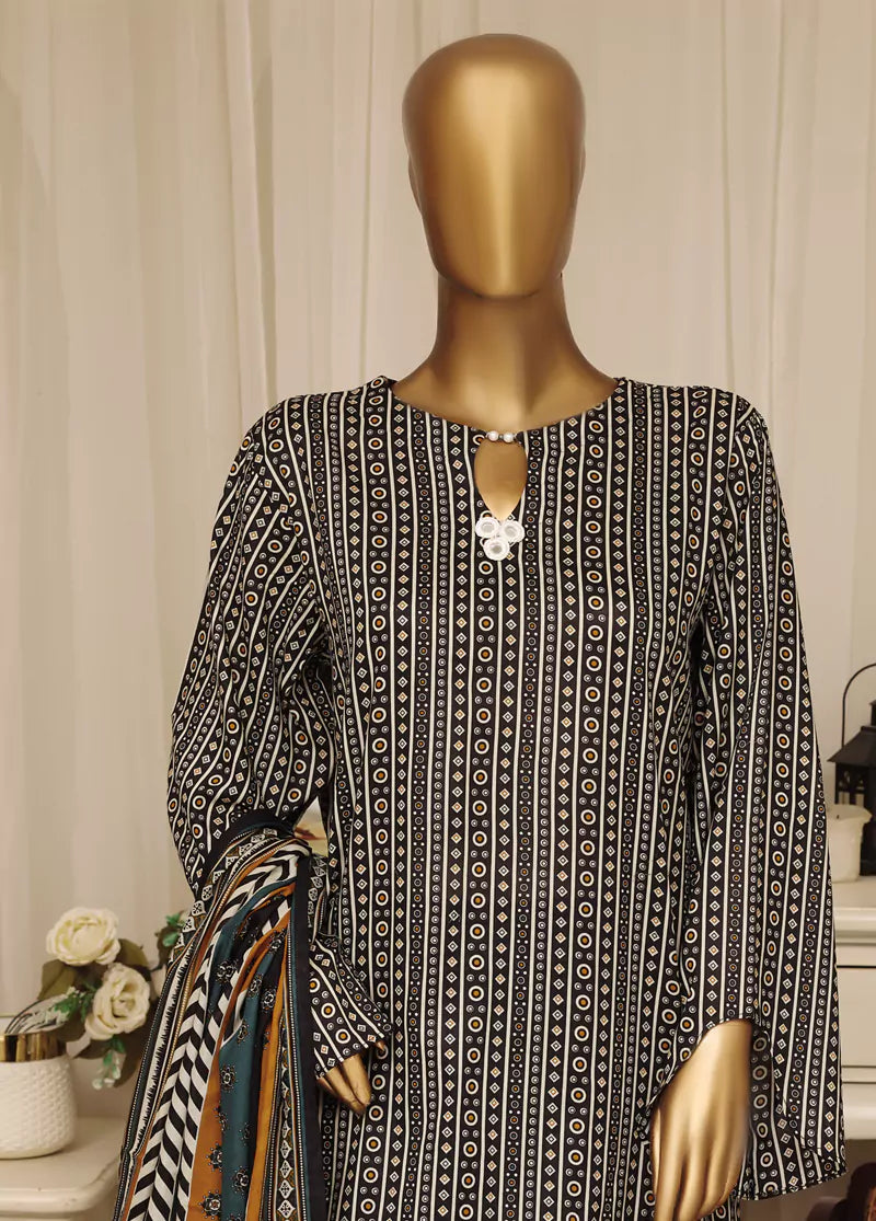 3 Piece Printed Stitched Black Color Lawn Shirt with Farshi Shalwar & Dupatta
