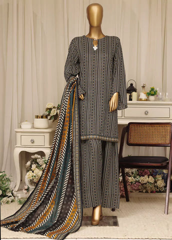 3 Piece Printed Stitched Black Color Lawn Shirt with Farshi Shalwar & Dupatta