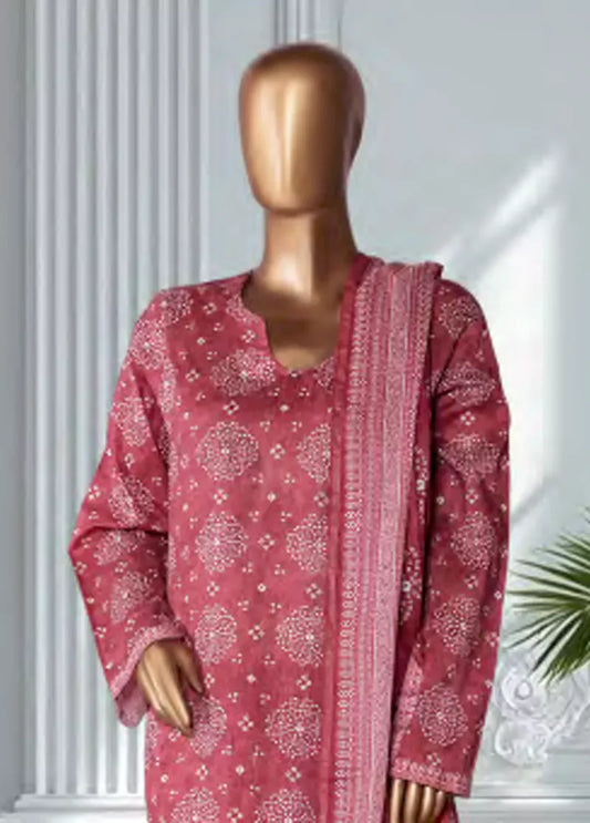 3 Piece Printed Coral Pink Color Lawn Shirt with Trouser & Dupatta