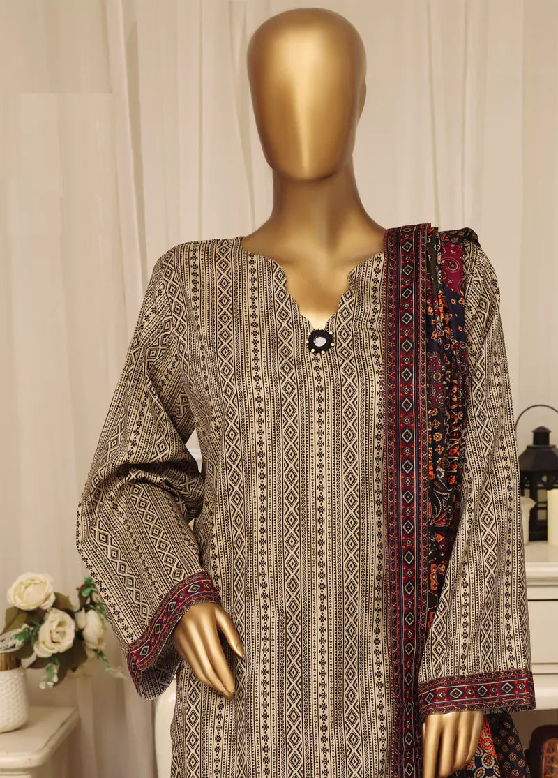 3 Piece Printed Stitched Black & Ivory Color Lawn Shirt with Farshi Shalwar & Dupatta
