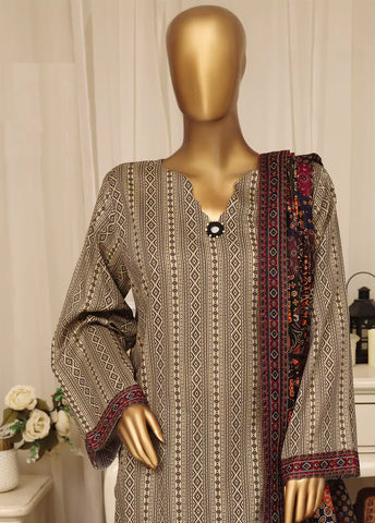 3 Piece Printed Stitched Black & Ivory Color Lawn Shirt with Farshi Shalwar & Dupatta