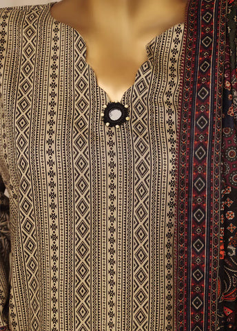 3 Piece Printed Stitched Black & Ivory Color Lawn Shirt with Farshi Shalwar & Dupatta