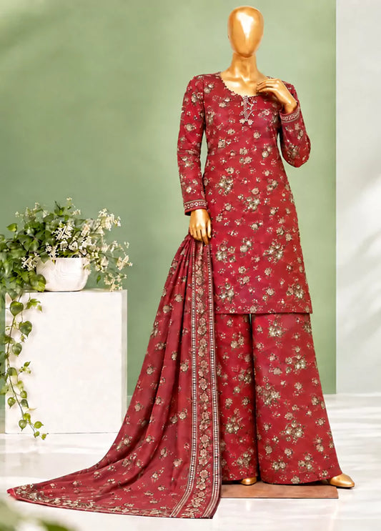 3 Piece Printed Stitched Red Color Lawn Shirt with Farshi Trouser & Dupatta