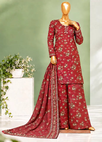 3 Piece Printed Stitched Red Color Lawn Shirt with Farshi Trouser & Dupatta
