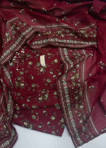 3 Piece Printed Stitched Maroon Color Cotton Shirt with Trouser & Dupatta