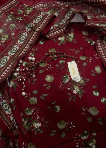 3 Piece Printed Stitched Maroon Color Cotton Shirt with Trouser & Dupatta