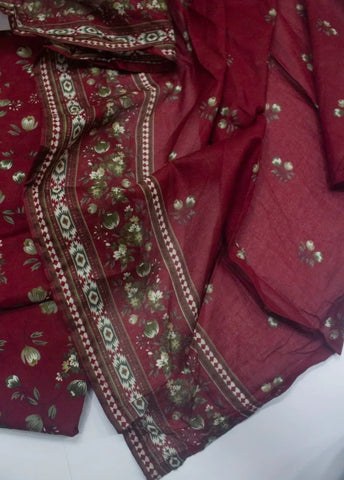 3 Piece Printed Stitched Maroon Color Cotton Shirt with Trouser & Dupatta