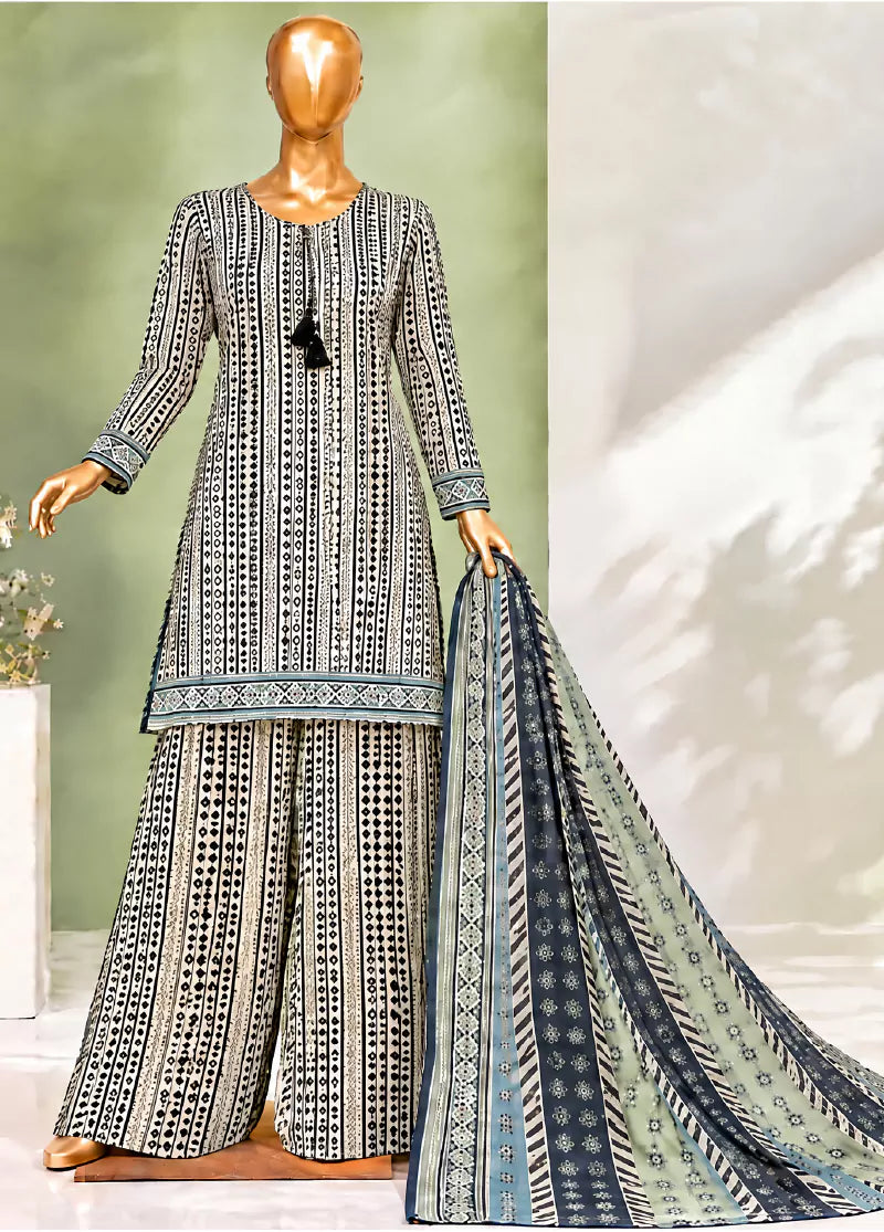 3 Piece Printed Stitched Multi Color Lawn Shirt with Farshi Trouser & Dupatta