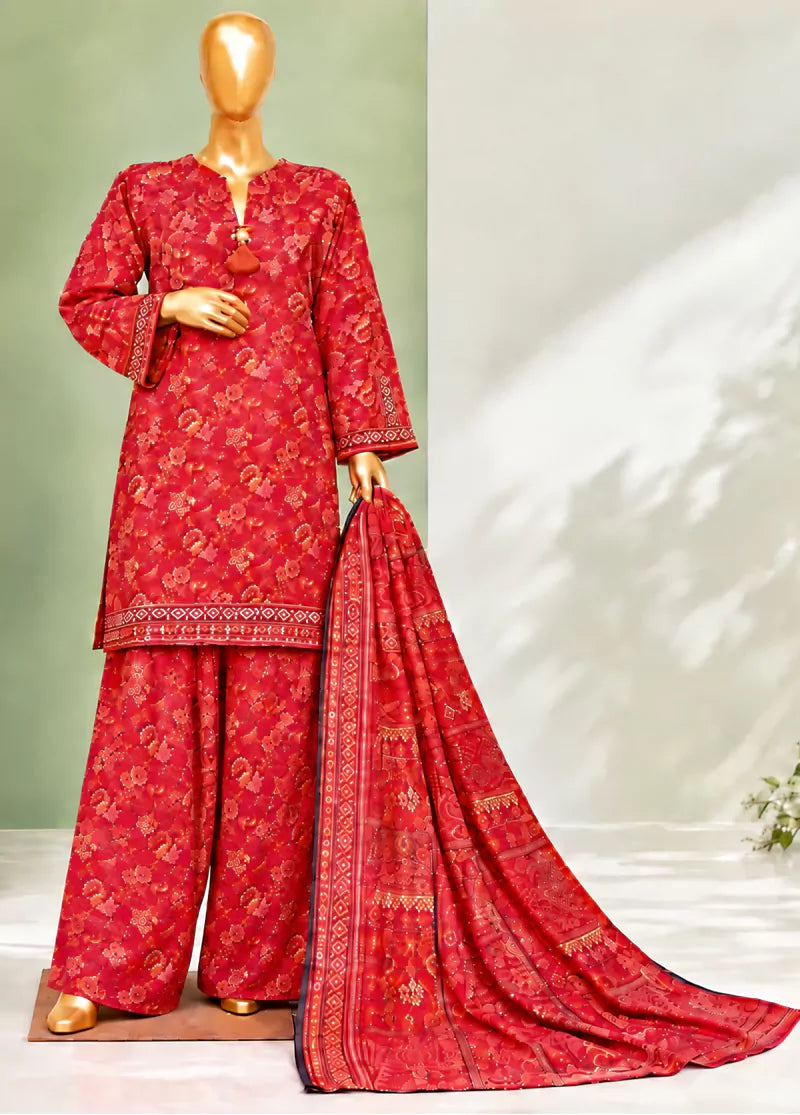 3 Piece Printed Stitched Red Color Lawn Shirt with Farshi Trouser & Dupatta
