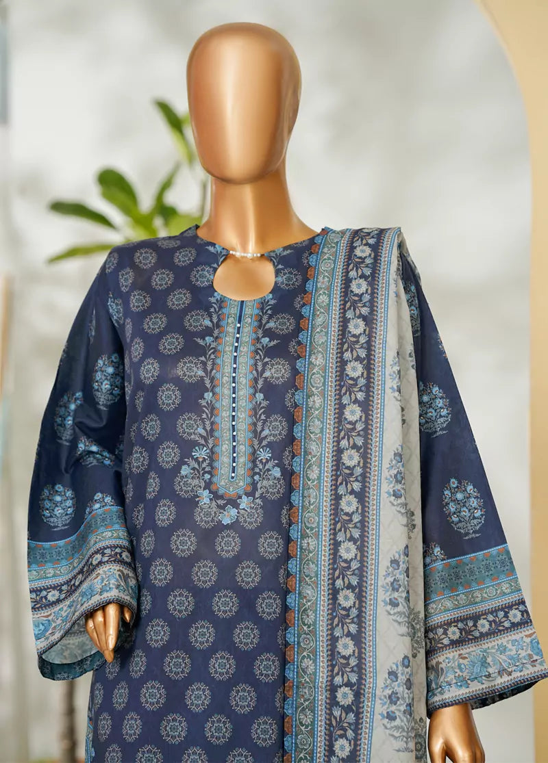 3 Piece Printed Navy Blue Color Lawn Shirt with Trouser & Dupatta