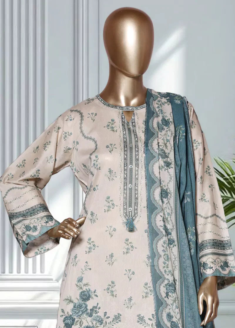 3 Piece Printed Off White & Blue Color Lawn Shirt with Trouser & Dupatta