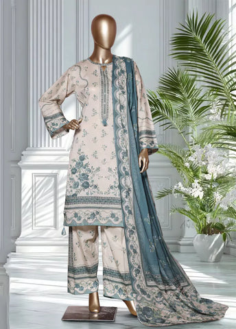 3 Piece Printed Off White & Blue Color Lawn Shirt with Trouser & Dupatta