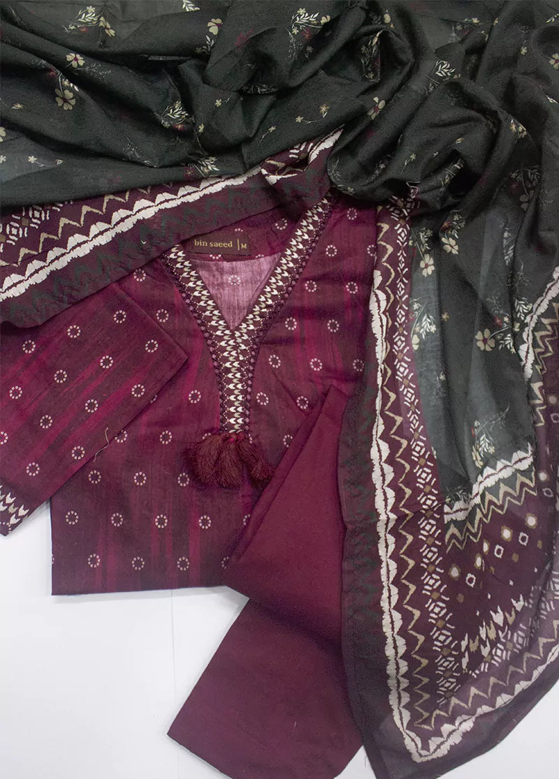 3 Piece Printed Maroon Color Lawn Shirt with Trouser & Dupatta