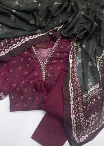 3 Piece Printed Maroon Color Lawn Shirt with Trouser & Dupatta