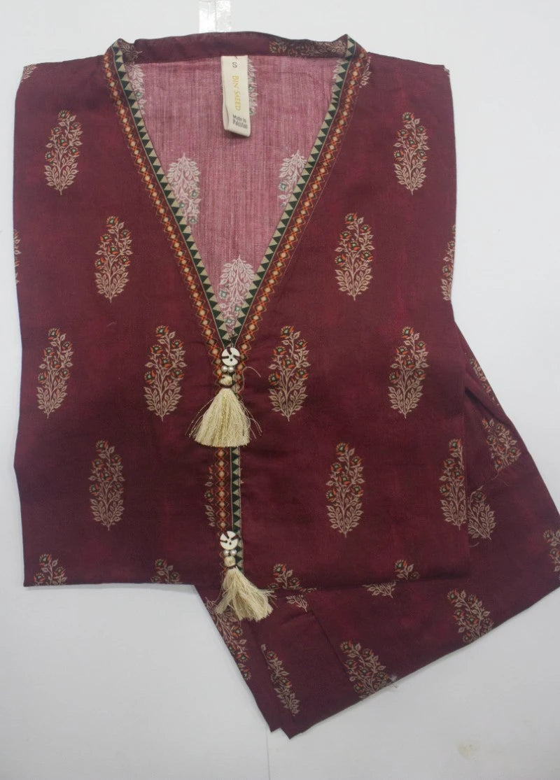 2 Piece Printed Stitched Maroon Color Lawn Shirt and Farshi Shalwar