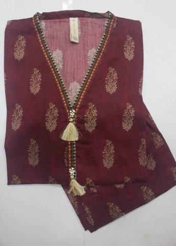 2 Piece Printed Stitched Maroon Color Lawn Shirt and Farshi Shalwar