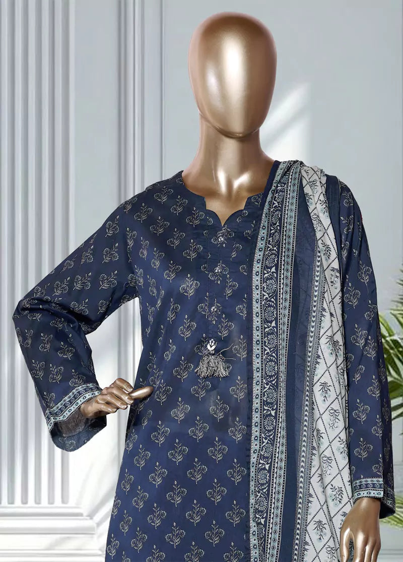 3 Piece Printed Navy Blue Color Lawn Shirt with Trouser & Dupatta