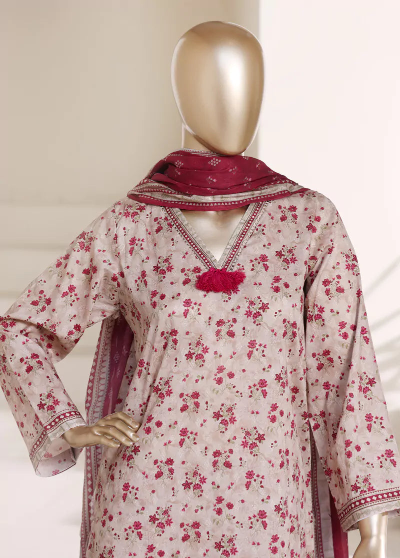 3 Piece Printed Offwhite Color Lawn Shirt with Trouser & Dupatta