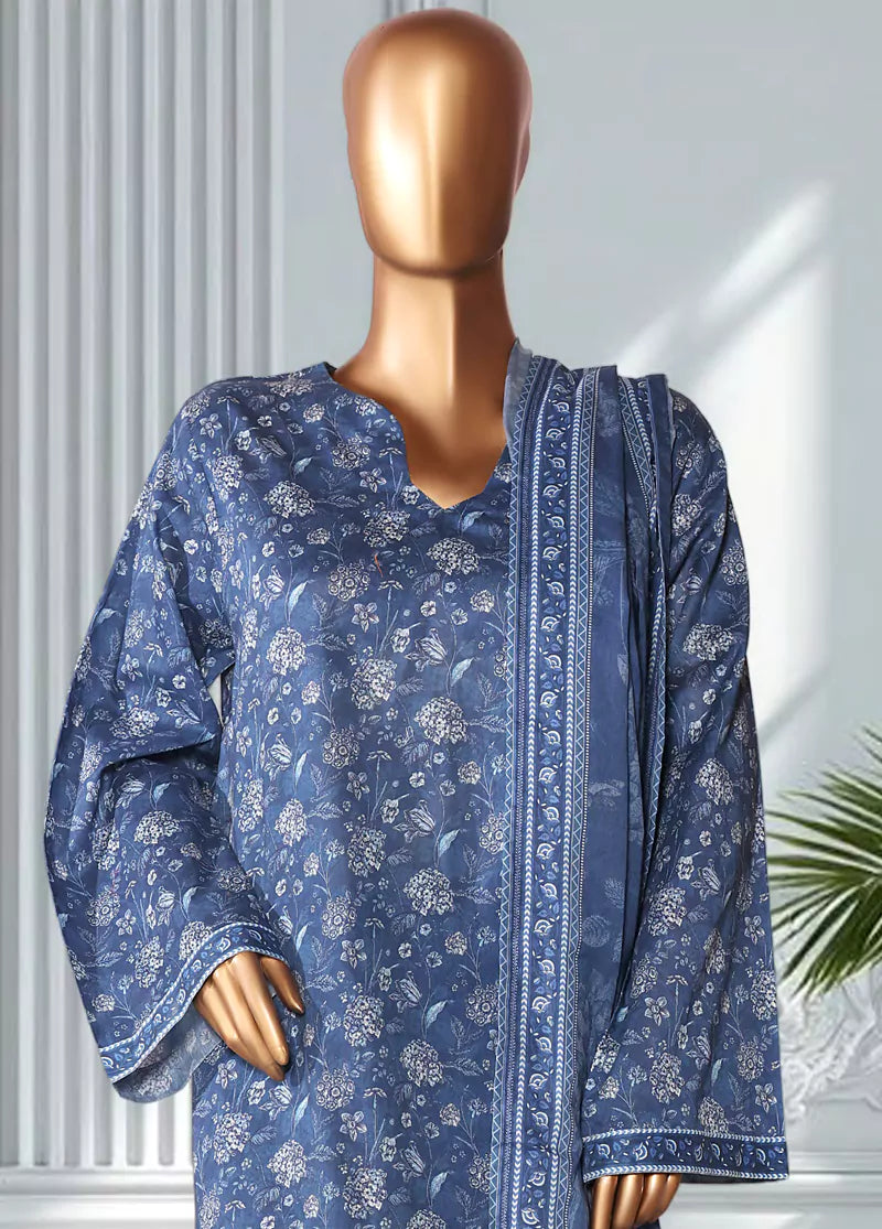 3 Piece Printed Sapphire Blue Color Lawn Shirt with Trouser & Dupatta
