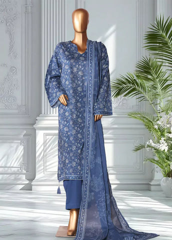 3 Piece Printed Sapphire Blue Color Lawn Shirt with Trouser & Dupatta