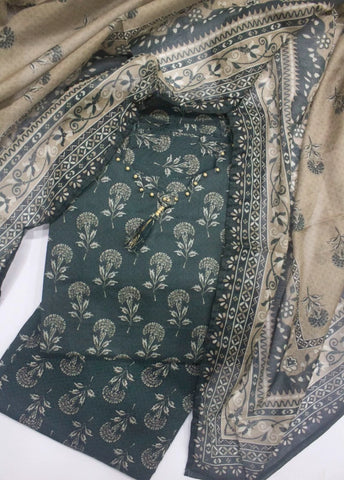 3 Piece Printed Stitched Bottle Green Color Lawn Shirt with Trouser & Dupatta