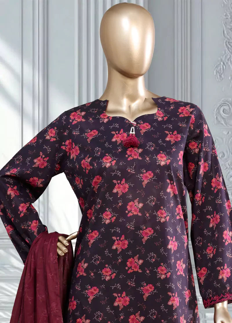 3 Piece Printed Purple Color Lawn Shirt with Trouser & Dupatta