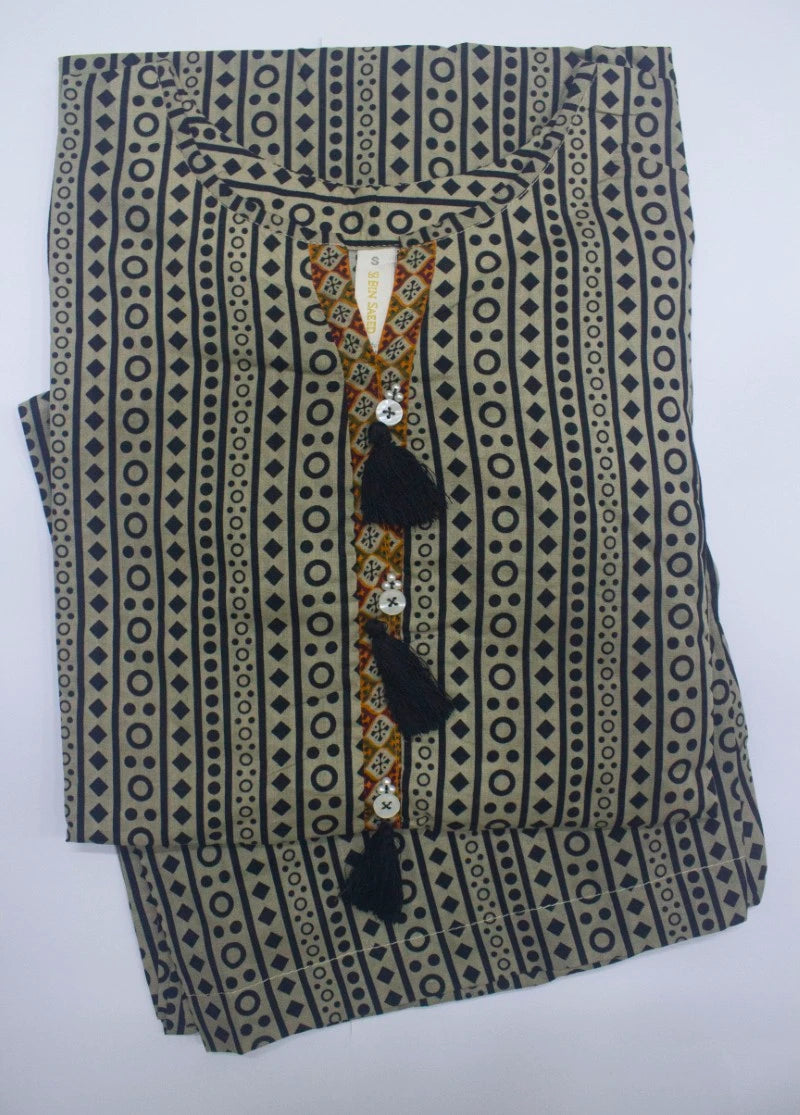 2 Piece Printed Stitched Beige & Black Color Lawn Shirt and Farshi Trouser