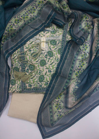 3 Piece Printed Stitched Blue Color Lawn Frock with Trouser & Dupatta