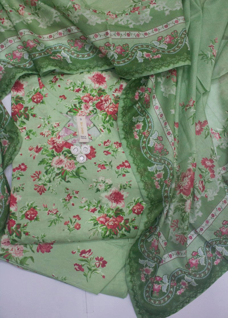 3 Piece Printed Stitched Pastel Green Color Lawn Shirt with Farshi Shalwar & Dupatta