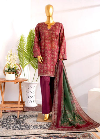 3 Piece Printed Stitched Maroon Color Cotton Shirt with Farshi Shalwar & Dupatta