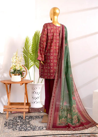 3 Piece Printed Stitched Maroon Color Cotton Shirt with Farshi Shalwar & Dupatta