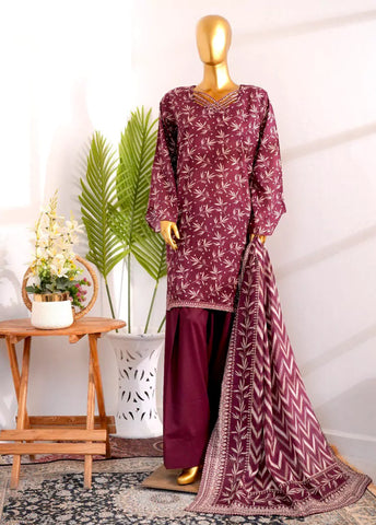 3 Piece Printed Stitched Maroon Color Cotton Shirt with Farshi Shalwar & Dupatta
