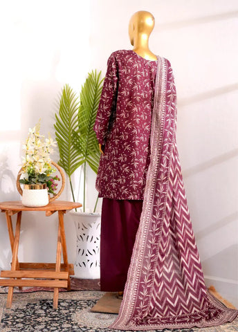 3 Piece Printed Stitched Maroon Color Cotton Shirt with Farshi Shalwar & Dupatta