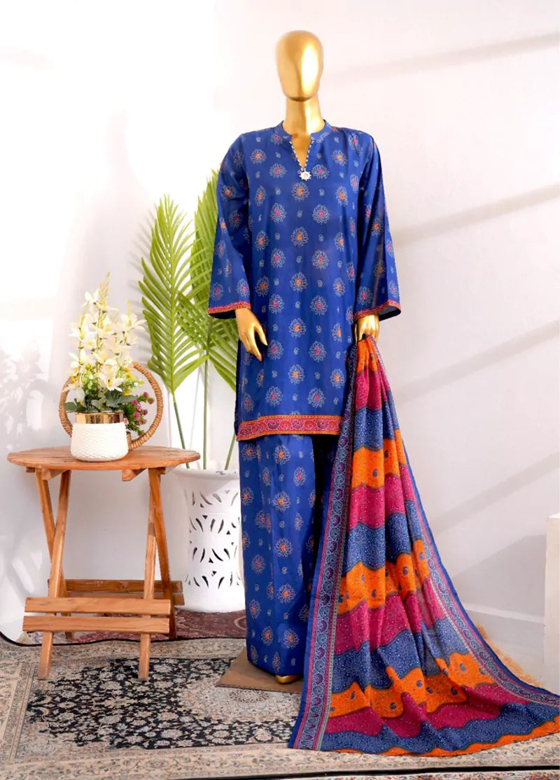3 Piece Printed Stitched Ink Blue Color Cotton Shirt with Farshi Shalwar & Dupatta