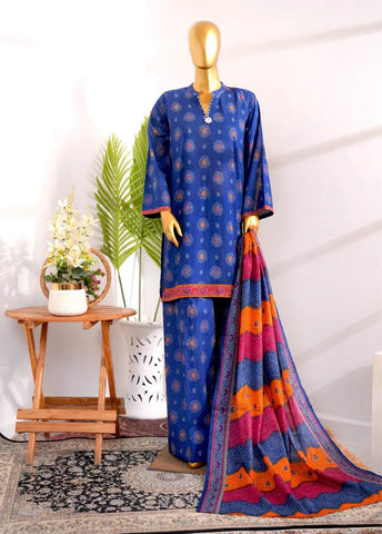 3 Piece Printed Stitched Ink Blue Color Cotton Shirt with Farshi Shalwar & Dupatta