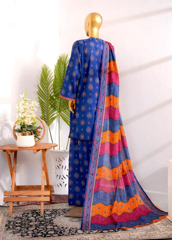 3 Piece Printed Stitched Ink Blue Color Cotton Shirt with Farshi Shalwar & Dupatta