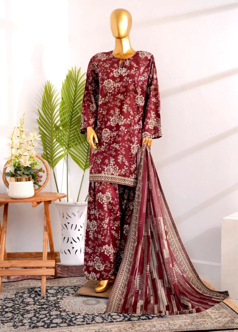 3 Piece Printed Stitched Maroon Color Cotton Shirt with Farshi Shalwar & Dupatta
