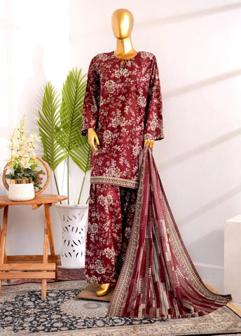 3 Piece Printed Stitched Maroon Color Cotton Shirt with Farshi Shalwar & Dupatta