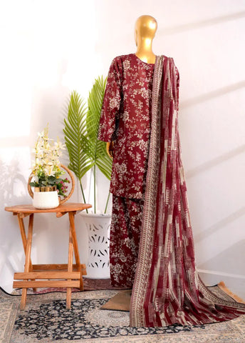 3 Piece Printed Stitched Maroon Color Cotton Shirt with Farshi Shalwar & Dupatta